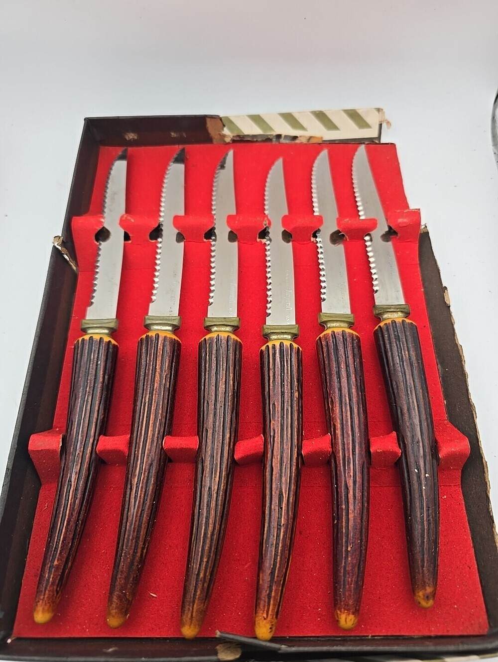 Forgecraft USA Stainless Serrated Steak Knives Fake Antler Handle LOT 0F 6 MCM
